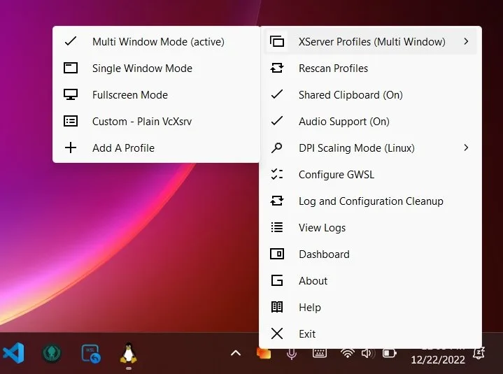 GWSL tray menu showing XServer profiles: multi-window, single window and fullscreen modes