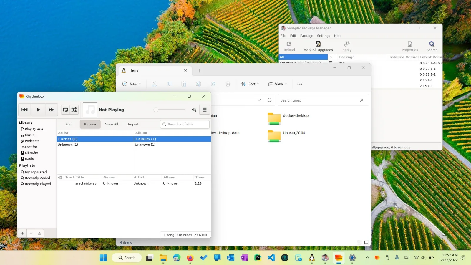 Rhythmbox, Synaptic Package Manager and a Linux file manager running as ordinary windows on the Windows desktop