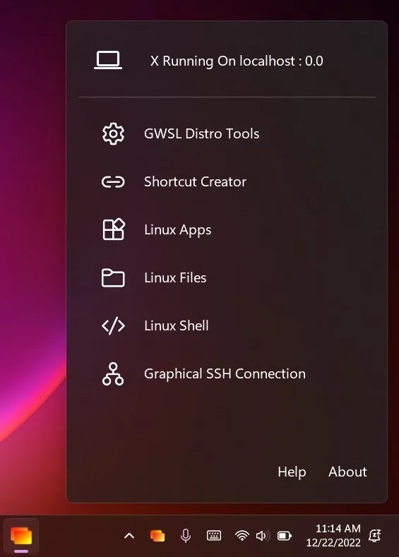 GWSL main menu confirming X running on localhost display 0.0, with distro tools, shortcut creator and SSH options