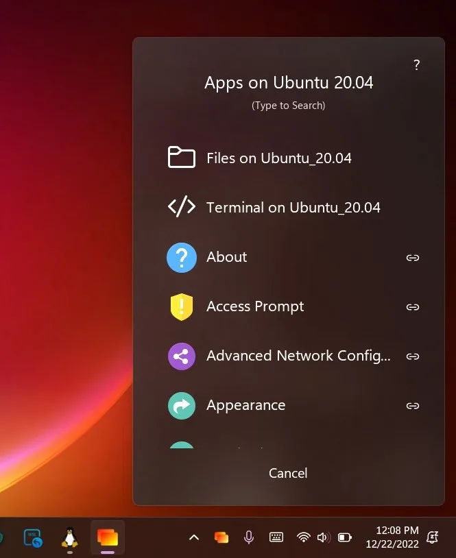 Searchable launcher listing the graphical applications installed inside Ubuntu 20.04