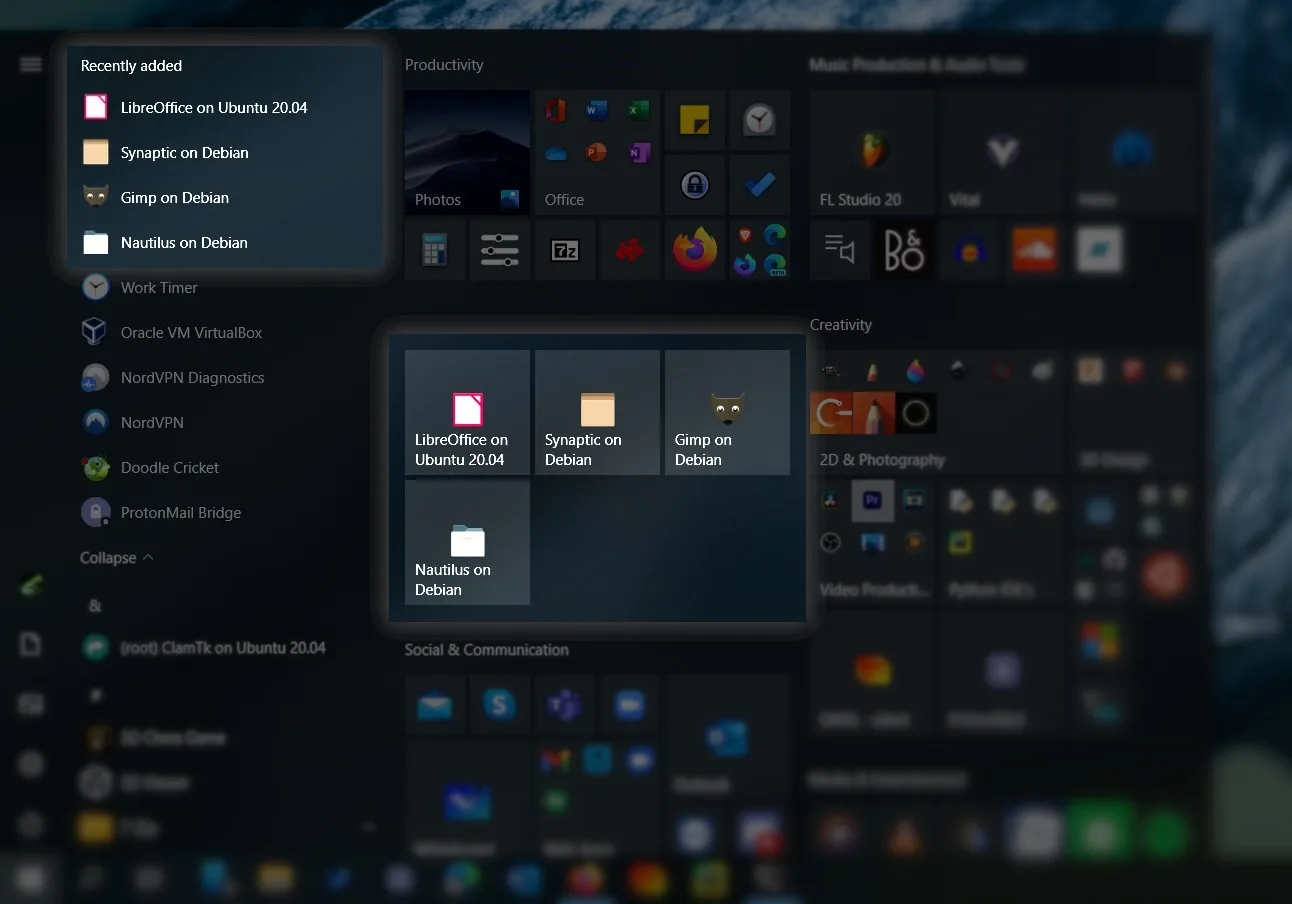 Linux applications pinned into the Windows Start menu alongside native Windows software