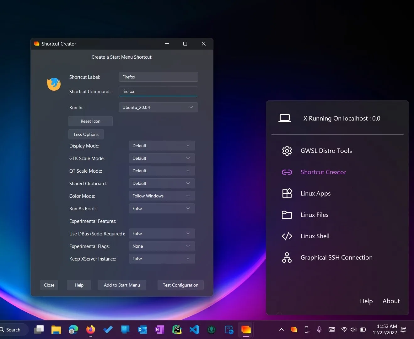 Shortcut Creator building a Windows Start menu entry for Firefox running in Ubuntu 20.04