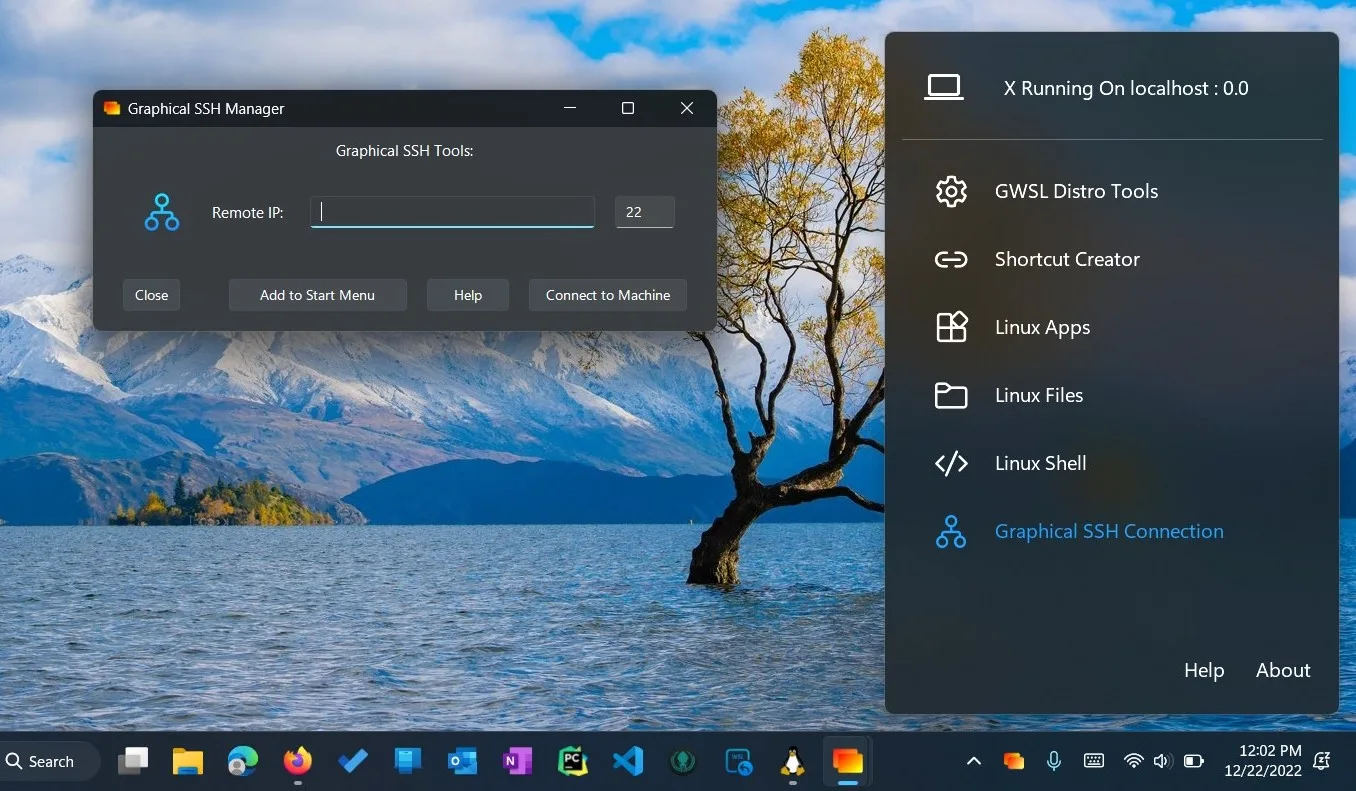 Graphical SSH Manager connecting to a remote machine by IP and port