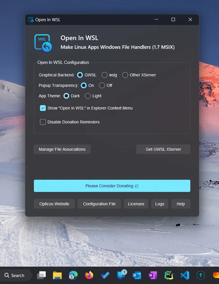 Open In WSL configuration panel: graphical backend set to GWSL, app theme, and the Explorer context menu toggle