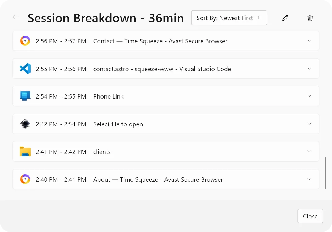 Session breakdown listing each application and window used, timestamped minute by minute
