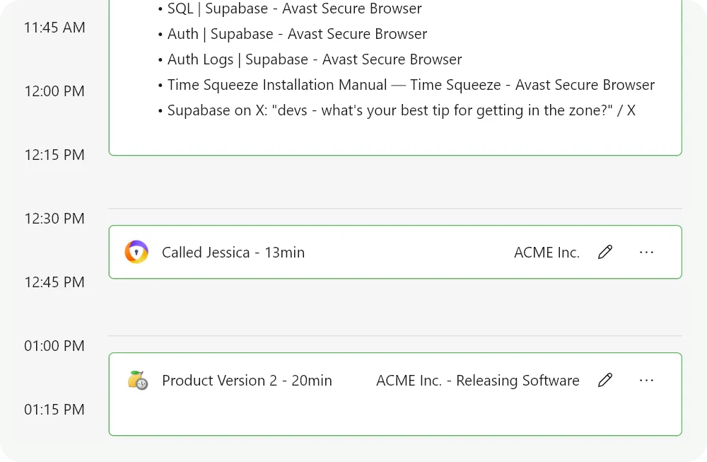 A day timeline with activity automatically grouped into named, client-tagged sessions