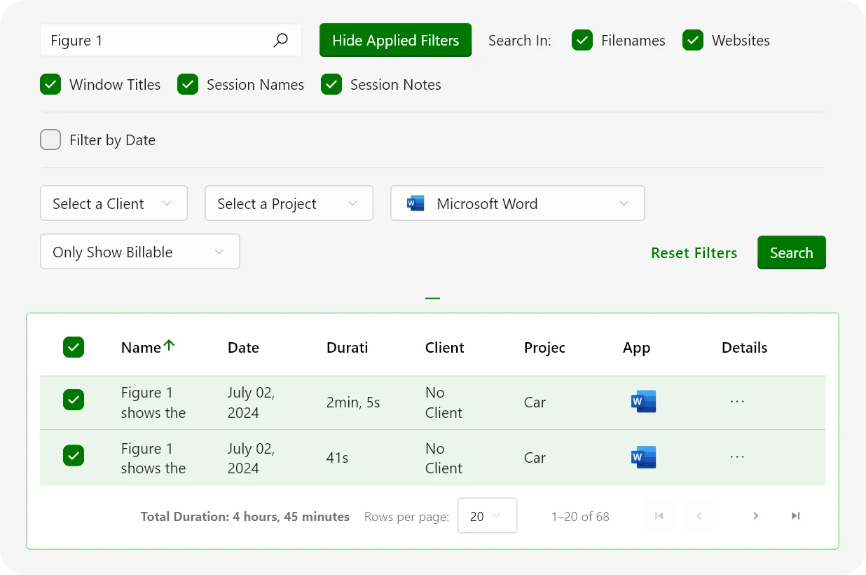 Search panel filtering by filename, website, window title, session name, notes, client, project, application and billable status