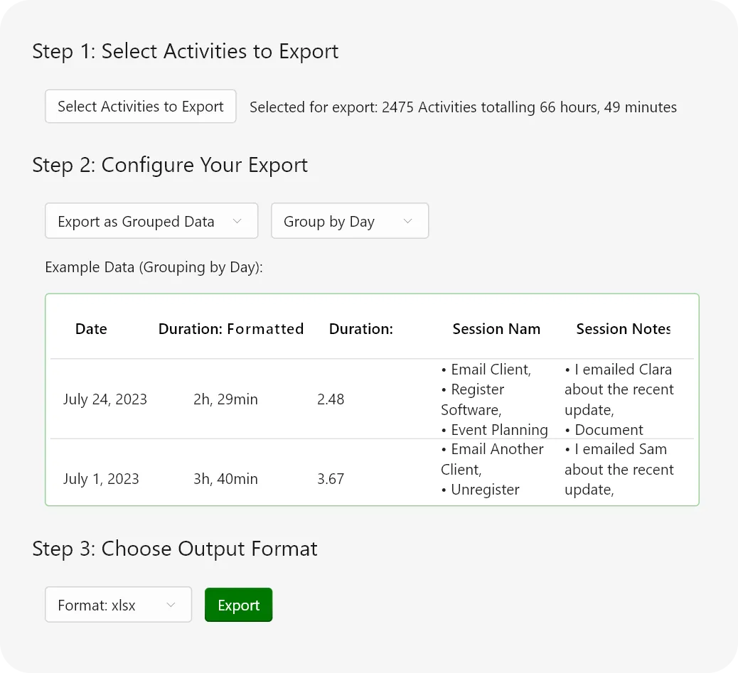 Three-step export: select activities, group the data, choose an output format such as xlsx