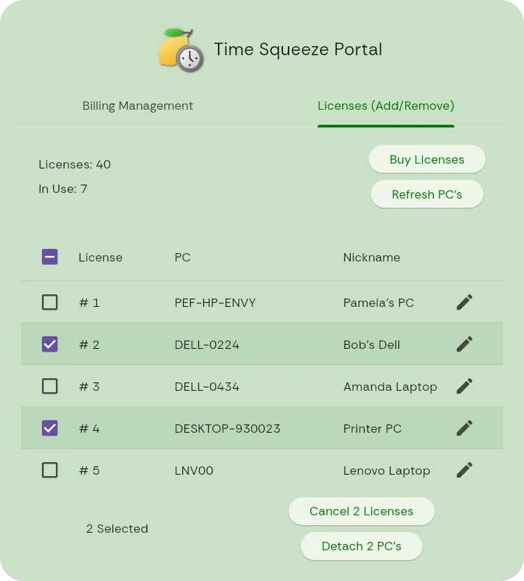 Portal licences tab showing licences held against licences in use, each mapped to a named PC
