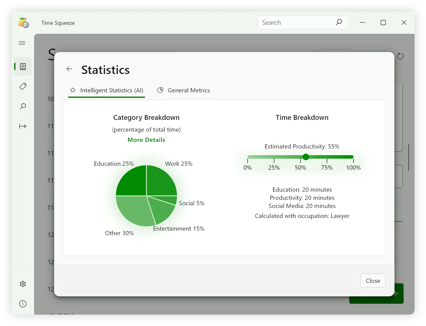 Statistics panel with a category breakdown pie chart and an estimated productivity scale